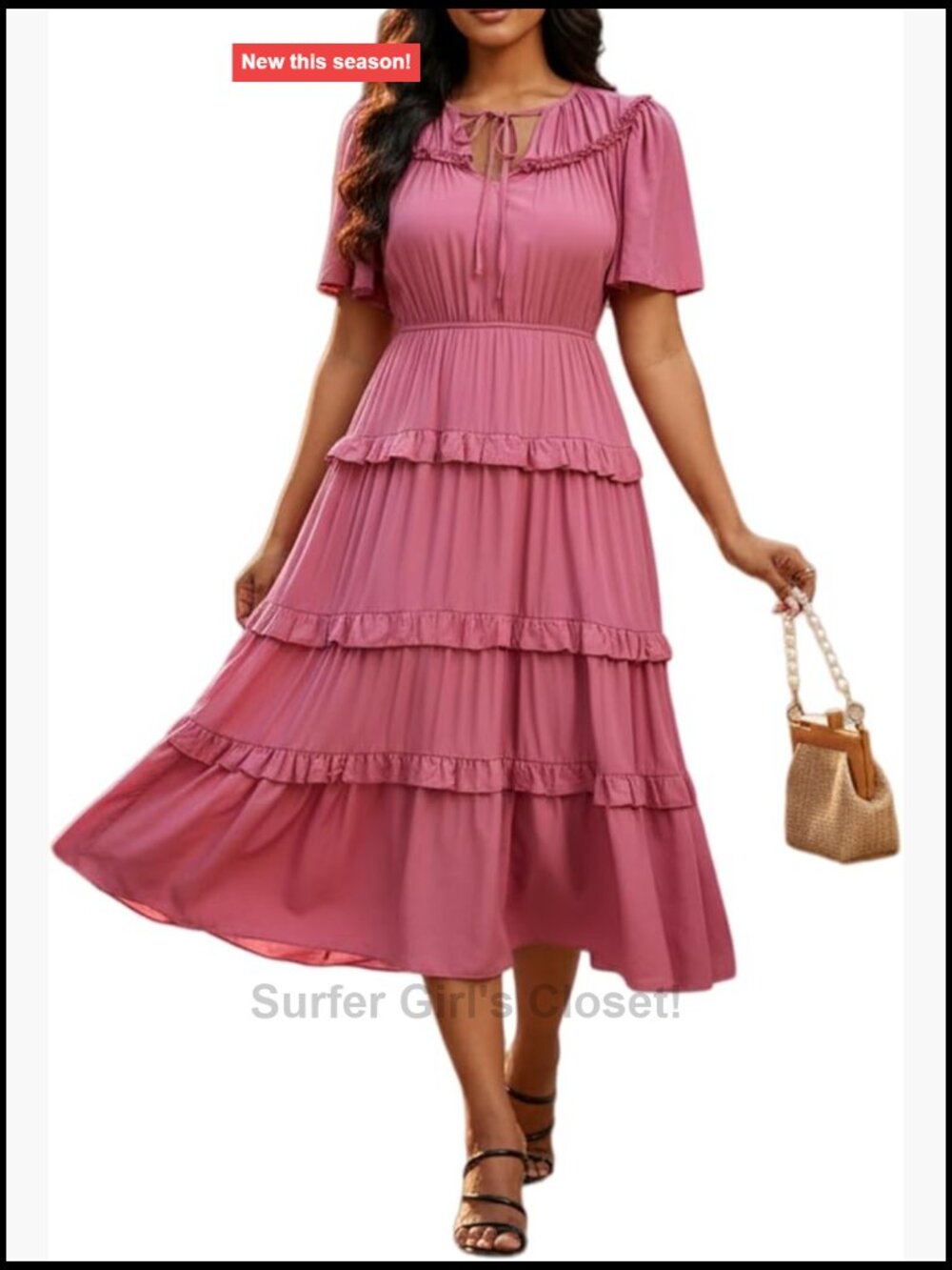 Women's Tie Neck Boho Pleated Rayon Ruffle Mid Dress with Pockets | Flowy,